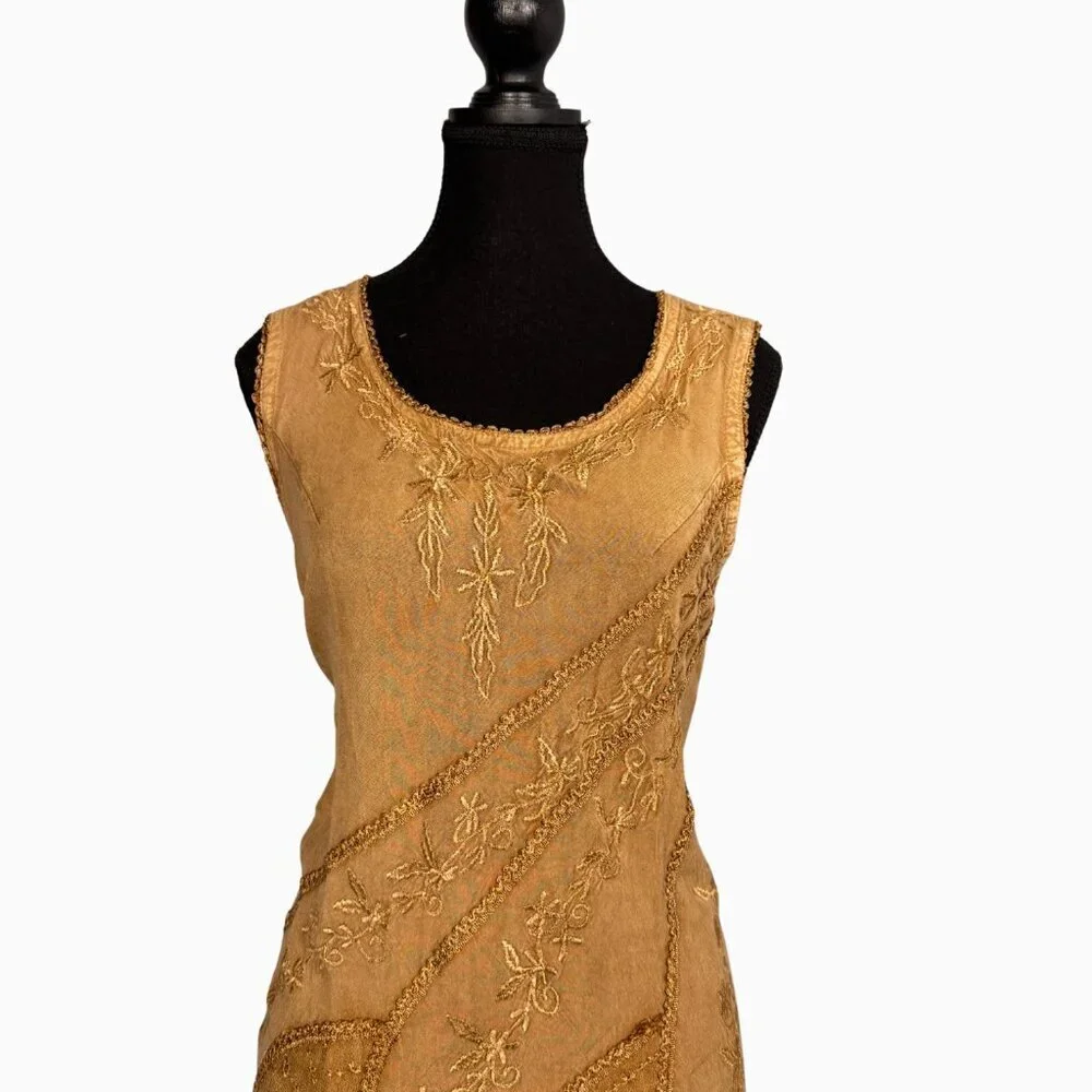 Boho Fairy Floral Embroidered Dress Tan Festival  Asymmetrical Hem Western - Picture 2 of 7